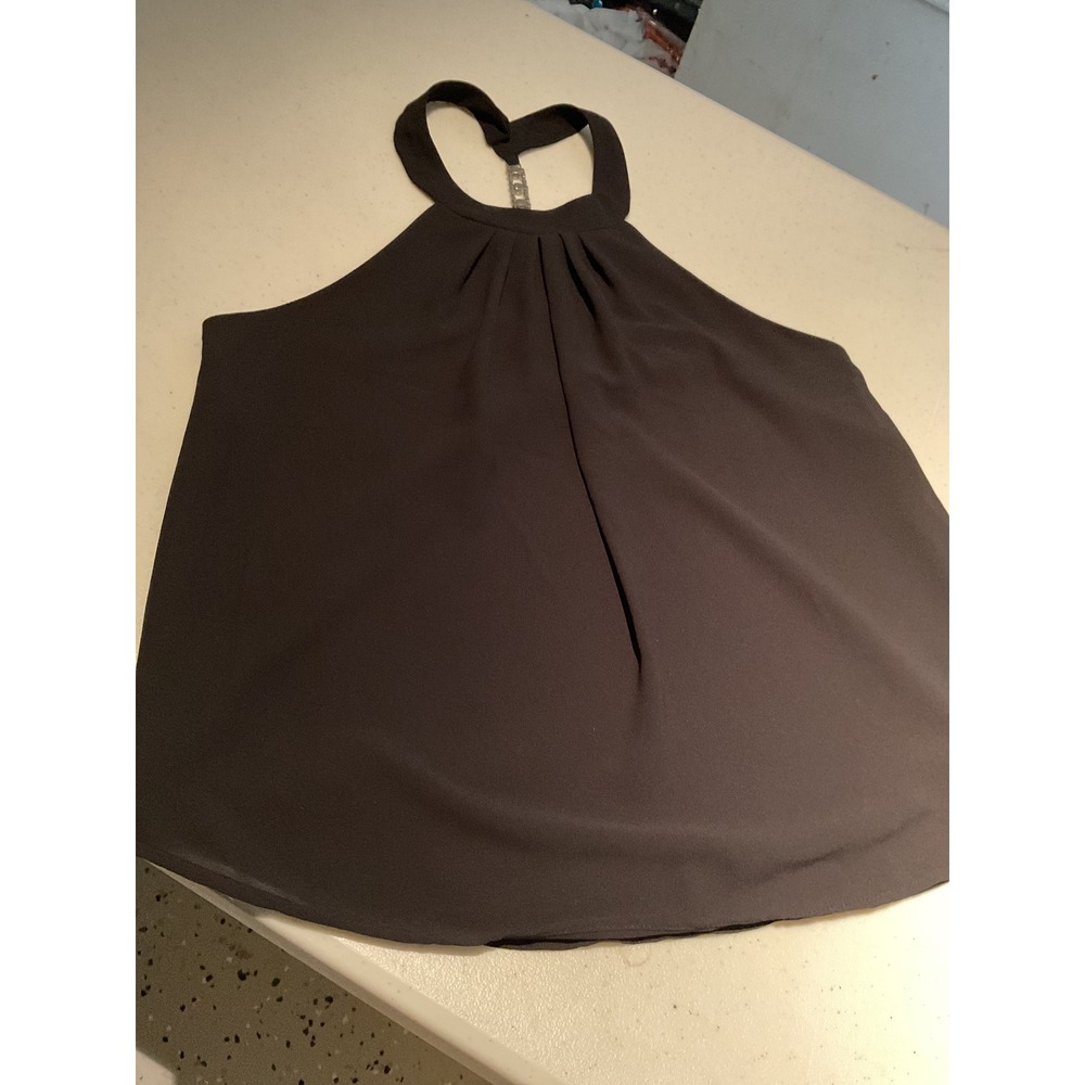 Monteau‎ Los Angeles Black Halter Top Rhinestone Back Pleated Chiffon Blouse M